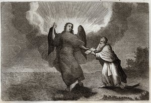 Bijbel van Royaumont, Nieuwe Testament: Visioen van Sint Jan. Visioen van de Engel met een Open Boek geeft Sint Jan om hem te verslinden. Illustratie uit 1811. door Unknown artist