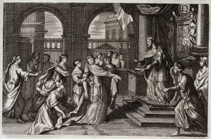 Royaumont Bijbel, Oude Testament: Esther presenteert zich voor koning Xerxes I (Ahasveros I), met de bedoeling haar volk te redden van de dood die hen bedreigde. Illustratie uit 1811.