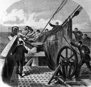 Breuk van de trans-Atlantische telegraafkabel aan boord van het schip Great Eastern, omgebouwd tot een trans-Atlantische telegraafkabellegger tussen Europa en Amerika, de breuk van de kabel in 1865