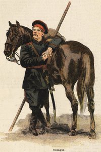 Russisch Kozakkenkostuum. Gravure uit de 19e eeuw. Bianchetti collectie.