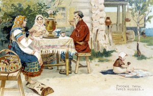 Russische familie die thee drinkt rond een samovar - chromo