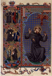 Sint Franciscus van Assisi en de verschijning van de stigmata (1224) (chromolithografie)