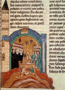 Sint Hugues de Cluny, abt van Cluny, redt een dode man in Parijs. Miniatuur uit een historische en liturgische collectie door Unknown artist