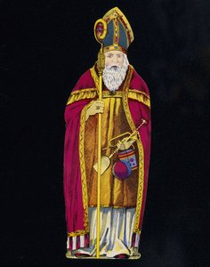 Sint-Nicolaas met speelgoed in de hand. 19e eeuw karton.