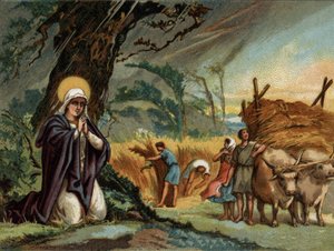 Sint-Genevieve (422-502), patroonheilige van Parijs beschermt de oogsten tegen de storm in Meaux. Chromolithografie rond 1890.