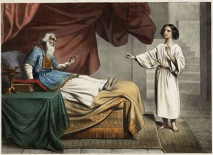 Samuel, die de stem van de Heer hoort die hem midden in de nacht roept, denkt dat dit zijn mentor de hogepriester Eli (Heli) is. Anonieme gravure uit het midden van de 19e eeuw door Unknown artist