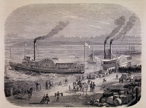 San Francisco Docks en raderstoomschepen (Californië) - in "Tour du Monde" door Unknown artist