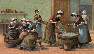 Sardine-industrie: koppen snijden, zouten. Chromolithografie van het einde van de 19e eeuw