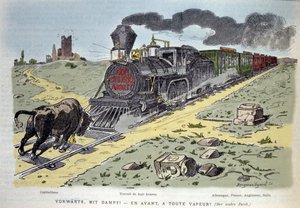 Satirische allegorische vignette: de stier symbool van het kapitalisme probeert de trein van arbeidsreform te stoppen. Elke wagon is ontworpen voor een land: Duitsland, Frankrijk, Engeland, Italië 1897 door Unknown artist