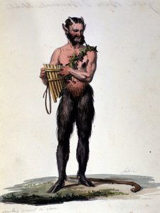 Sater en muziek. 19e eeuwse gravure.