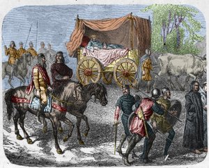 Scène die de luie koningen uitbeeldt: Koning van Frankrijk Thierry III (673-691) wordt in een tank met een bed getrokken door ossen