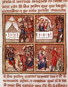 Scène van confrontatie tussen twee vijandige kampen, een executie rechtsonder. Pagina van een 14e-eeuws manuscript Biblioteca Marciana Venetië