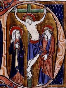 Scène van kruisiging in een briefhoofd (brief D) door Unknown artist