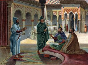 Scènes van Verdwenen Koninkrijken: Moorse Raad (Moren, naam gegeven aan Arabieren die een deel van Spanje bezetten) in het Alhambra-paleis in Granada. Granada is de laatste Moorse staat, beëindigd in 1482. Chromolithografie van de 19e eeuw
