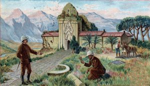 Scènes van verdwenen koninkrijken: Tempel in de bergen van Qui-Nhon Provincie van Cambodja. Chromolithografie uit de 19e eeuw.