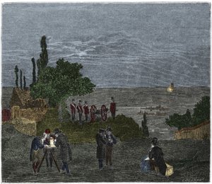 Wetenschappelijk experiment: de berekening van de geluidssnelheid, door Humboldt, Louis-Joseph Gay-Lussac, Bouvard, Prony en Mathieu, die de tijd bepalen tussen de waarneming van licht en die van een geweerschot, in de nacht door Unknown artist