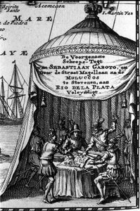 Sebastiano Caboto (Sebastien Cabot) afgebeeld op de cartridge van een navigatiekaart met andere navigators. Begin van de 17e eeuw door Unknown artist