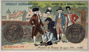 Serie Histoire de la Monnaie Française uitgegeven door Chocolat Guérin Boutron. Chromolithografie 19e eeuw. Bronzen munt van Lodewijk XVI in 1788 door Unknown artist