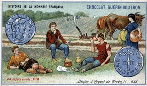 Serie Histoire de la Monnaie Française uitgegeven door Chocolat Guérin Boutron. Zilveren denier van Clovis II in 638