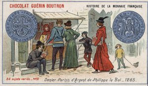 Serie Histoire de la Monnaie Française uitgegeven door Chocolat Guérin Boutron. Chromolithografie 19e eeuw. Zilveren denier door Philippe le Bel in 1285 door Unknown artist