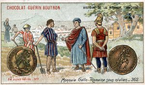 Serie Histoire de la Monnaie Française uitgegeven door Chocolat Guérin Boutron. Chromolithografie 19e eeuw. Gallo-Romeinse munten onder Julien door Unknown artist