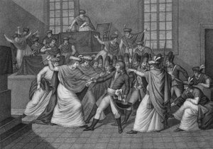 Zitting van het wetgevend lichaam in de orangerie van Saint Cloud: Bonaparte presenteert zich aan de Vergadering van de Raad van Vijfhonderd en ontbindt deze op 19 brumaire jaar VIII tijdens de staatsgreep van 18 brumaire.
