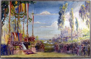 Decor voor Die Meistersinger of Les maitres singteurs de Nuremberg, opera van Richard Wagner. Act II