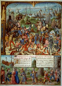 Zevende Kruistocht (1248-1254). Bovenaan, Lodewijk IX (Saint Louis) (1215-1270), koning van Frankrijk, met de kruistochten na te zijn verslagen door de Saracenen bij Mansourah in 1250. Ze trokken zich terug achter de torens van Damascus. Lodewijk IX en zij door Unknown artist