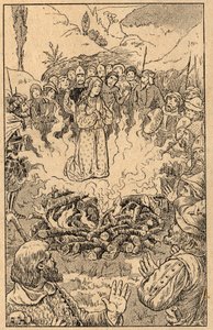 Zij blijft in het midden van de vlammen... Sint Rosa van Viterbo (Rosa da Viterbo) (1233-1252). Gravure uit het einde van de 19e eeuw. Privécollectie.