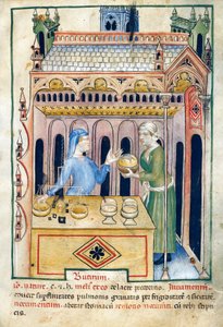Winkel met boterbrood en twee vrouwen, illustratie uit Tacuinum sanitatis, verlucht manuscript, Latijnse heruitgave van een Arabisch werk uit de 11e eeuw door Unknown artist