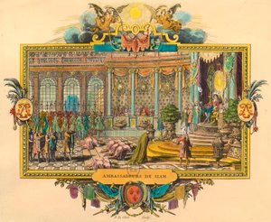 Siamese ambassadeurs aan het hof van koning Lodewijk XIV in 1686. Gravure. Privécollectie