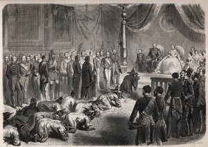 Siamese ambassadeurs kruipen naar de Franse keizerlijke familie tijdens een plechtige audiëntie in Fontainebleau in aanwezigheid van Napoleon III (1808-1873), Eugenie (Eugenia de Montijo) door Unknown artist