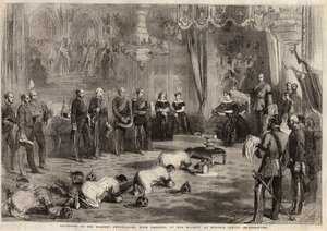 Siamese ambassadeurs kropen naar koningin Victoria I (1819-1901) en prins Albert (1819-1861) tijdens hun bezoek aan Windsor Castle. Gravure in 