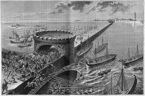 Belegering van Alexandrië door Julius Caesar in 47 v.Chr. De galei van Caesar onder het gewicht van de soldaten die het bestormden. Gravure uit 1885.