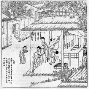 Zijde en zijderups in China: dankzij de godin van de zijde. Gravure in 