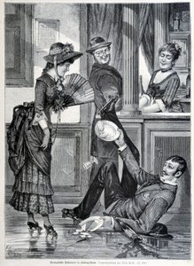 Schaatsscène in een brouwerij. Een jongen valt en breekt de borden die hij droeg (1883) door Unknown artist