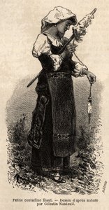 Kleine contadine (boerin) uit de omgeving van Rome, wol spinnend met haar spinrok. Gravure ter illustratie van de reis naar Rome, door Francis Wey, in 1864-1870, gepubliceerd in 