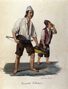 Kleine beroepen van de straat: verkopers van wandelende vissen. Sicilië, gravure uit de 19e eeuw