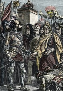 Spaanse verovering van Mexico: ontmoeting tussen Hernan Cortes en Montezuma II in 1519 door Unknown artist