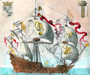 Spaanse schip uit de 16e eeuw. Gravure uit de 16e eeuw door Unknown artist