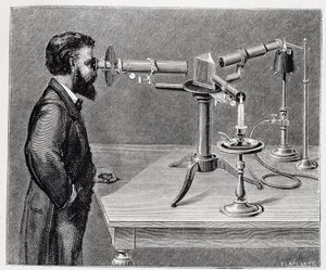 Spectroscoop om de spectra van aardse elementen te vergelijken met die van hemellichamen door Unknown artist