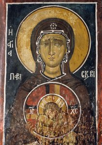 St. Paraskevi, personificatie van Goede Vrijdag met icoon van Christus van Hoogste Nederigheid, fresco (1332-1333), Byzantijnse kerk van Onze Lieve Vrouw van Asinou (12e eeuw) (Unesco Werelderfgoedlijst, 2001) Troodos bergen, Cyprus