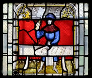 Glas-in-loodraam dat een slager aan het werk toont, eind 15e-begin 16e eeuw - Kapel Sainte Claude van de Collegiale Kerk Notre-Dame de Semur-en-Auxois, Bourgondië