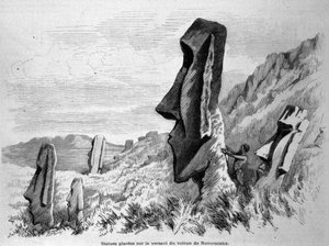 Beelden geplaatst op de helling van de vulkaan Ronoraraka op Paaseiland (Rapa Nui). Gravure 1871. door Unknown artist