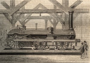 Stoomlocomotiefmodel, Crampton-systeem genaamd Thomas Russell Crampton (1816-1888). Gravure uit 1856. door Unknown artist