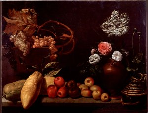 Stilleven met rozen, struikbloemen, citroenen en druiven door Unknown artist