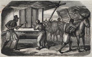 Suikerproductie: een suikerrietmolen in een suikerfabriek in West-Indië. Gravure uit 1859 door Unknown artist