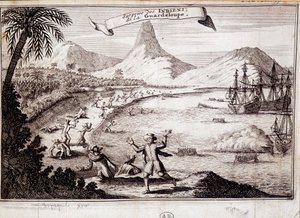 Verrassing van de Indianen bij de landing van Christoffel Columbus in Guadeloupe (karvelen) - gravure door Unknown artist