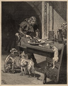 Tafelkunst: snijdt voedsel voordat de vork arriveert. Een man houdt het vlees vast met een vel papier in de ene hand en gebruikt zijn mes in de andere. Gravure uit 1885 in “Les arts et métiers illustrés” door Adolphe BITARD door Unknown artist