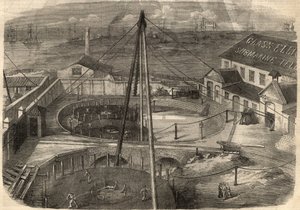 Telegrafie: De trans-Atlantische kabel geproduceerd bij de Glass-fabriek, Elliot en Company in East Greenwich (Engeland) is klaar om te worden geleverd. Gravure in 